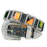 Bling Luxury Strap Rhinestones Belt De Strass Ceinture Femme Crystal Studded Belt for Men's Women Cowboy Cowgirl MartLion Black Green 42(waist 30-32inch) 