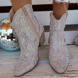 Western Cowboy Women Ankle Boots Glitter Bling Shiny Trend High Heels Shoes MartLion   