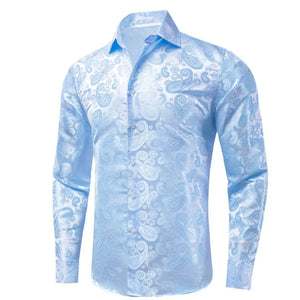 Hi-Tie Navy Royal Sky Blue Silk Men's Shirts Lapel Collar Long Sleeve Dress Shirt Jacquard Blouse Wedding MartLion   