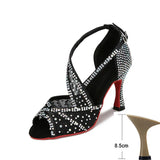 Mesh Breathable Latin Dance Shoes Women's High Heel Diamond Summer Sandals Indoor Soft Bottom Jazz Tango MartLion Black heel 8.5cm 44 