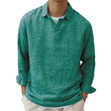 Men's Autumn Linen Neck Long Sleeve Lapel Street Wear T Shirt Solid Color Casual Shirt Blouse Tops Men‘s Vintage Vacation Blouse MartLion Green S China