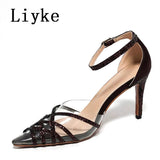 Liyke Green Glitter Sequined Ankle Strap Women Pumps PVC Pointed Toe Wedding High Heels Summer Party Prom Shoes Mart Lion Black 35 