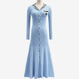 Elegant Slim Knitted Long Dress Women's Letter Single Breasted Long Sleeved MartLion   