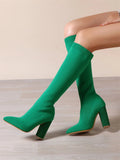 Green Women Cozy Knitting Stretch Fabric Knee High Boots Square Heels Autumn Winter Sock Long Shoes MartLion   