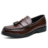 Tassels Men's Loafers Split Leather Footwear Crocodile Pattern Dress Shoes Elegant Social Mart Lion Brown 38 