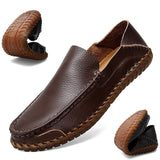 Genuine Leather Men's Loafers Cow Leather Casual Shoes Soft Moccasins Hand Sewn Driving Shoes Mart Lion Dark brown 47 