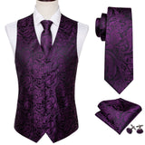 4PC Men's Silk Vest Party Wedding Purple Paisley Solid Floral Waistcoat Vest Pocket Square Tie Slim Suit Set Barry Wang Mart Lion MJ-2020 L 