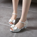 Summer Peep Toe Cute Sweet Bowtie Lace High Heels Sandals Women Lolita Platform Wedding Party Block Heel Shoes MartLion   