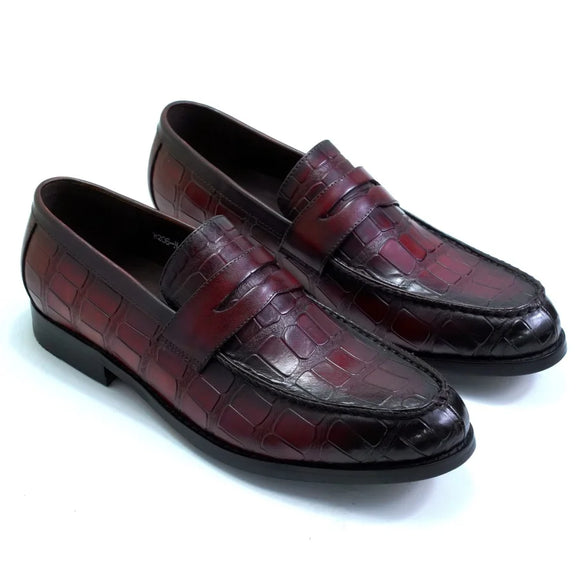 Men's Genuine Leather Penny Loafers Slip on Crocodile Pattern Handmade Leather Shoes Red Wedding Office Dress MartLion red 39 