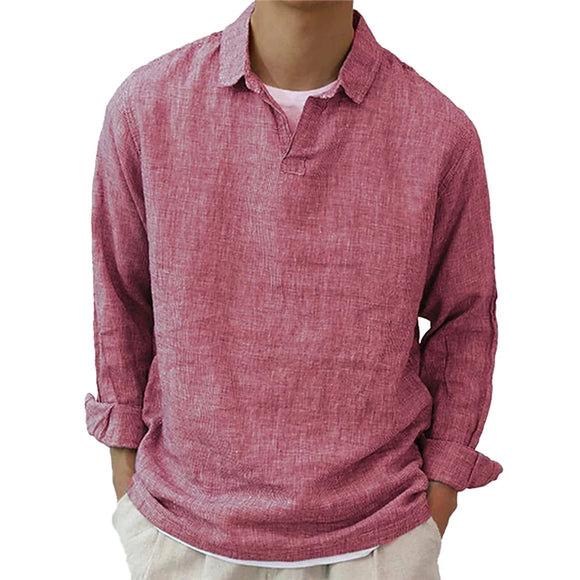  Men's Autumn Linen Neck Long Sleeve Lapel Street Wear T Shirt Solid Color Casual Shirt Blouse Tops Men‘s Vintage Vacation Blouse MartLion - Mart Lion