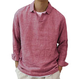 Men's Autumn Linen Neck Long Sleeve Lapel Street Wear T Shirt Solid Color Casual Shirt Blouse Tops Men‘s Vintage Vacation Blouse MartLion Rose Red S China
