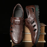 Men's Genuine Leather Sandals Summer Hollow Breathable Leather Shoes Casual Soft Flats Mart Lion   