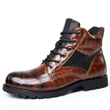 Men's Boots Autumn Spring Leather Round Toe Vintage Crocodile Pattern Shoes Leisure High Top Mart Lion brown 38 
