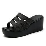 Women's Slides Ladies Slippers Summer Shoes Wedges High Heel 6.5 Cm Sequin Cow Leather