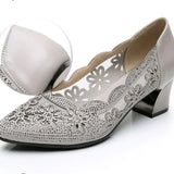 Hollow Out Genuine Leather Pumps Women Shoes Med Heels Square Diamond Mesh Ladies Office  Crystal MartLion   