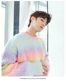Men's Gradient Tie Dye Round Neck Loose Sweater Knit Sweater Autumn Rainbow Striped Casual Long Sleeve Sweater MartLion   