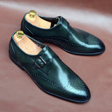 Elegant Men's Basic Monk Strap Dress Shoes Genuine Leather Single Buckle Green Black Loafer Brogue Party Wedding Formal MartLion   