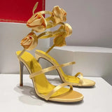 Women's Round Toe Slender High Heel Silk Rose Heel Strap Large Slotted Sandals Occidental Show Banquet Shoes MartLion 1257-3yellow 36 