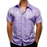 Barry Wang Men's Shirts Short Sleeve Silk Embroidered Red Green Blue Purple Gold Paisley Slim Fit Casual Blouses Lapel Tops MartLion 0211 M 