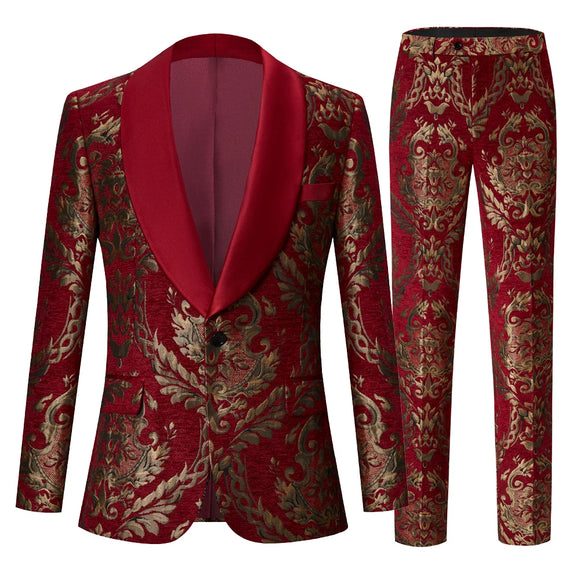  Men's Claret Red Suits Groom Wedding Tuxed Prom Dress Tuxedo Floral Blazer Slim Fit Groomsmen Party Homme MartLion - Mart Lion