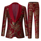 Men's Claret Red Suits Groom Wedding Tuxed Prom Dress Tuxedo Floral Blazer Slim Fit Groomsmen Party Homme MartLion Burgundy EU Size XS 