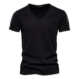 Cotton Men's T-shirt V-neck Design Slim Fit Soild Tops Tees Short Sleeve MartLion F037-V-Black Size XL 72-80kg 