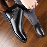 Genuine Leather Chelsea Boots Men's Winter Shoes Plush Warm Zipper Winter Ankle Black MartLion   
