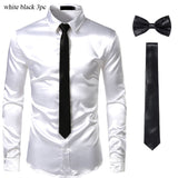 Black Men's Silk Dress Shirts 3Pcs(Shirt +Tie+Bowtie) Smooth Satin Slim Fit Party Prom Casual Social Camisa Mart Lion white  black USA S 