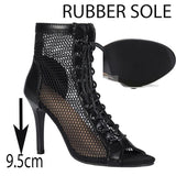 Latin Stiletto Women's Dance High-heeled Shoes Shoes Outer Large Mesh Boots Fish Mouth Modern MartLion Black 9.5cm rubber 41 