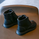 Kids Casual Boots PU Leather Black Zipper for Boys Girls Cross-tied Children Ankle High Boots Anti-skid Round Toes Soft MartLion