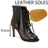 Fish Mouth Strap Jazz Boots Stiletto Heel Hollow Mesh Low Tube Sandals Latin Dancing Shoes Party Ballroom Performances MartLion Black 9.5cm leather 35 
