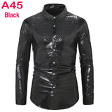 Men's Disco Shiny Gold Sequin Metallic Design Dress Shirt Long Sleeve Button Down Christmas Halloween Bday Party Stage Mart Lion A45 Black US Size S 