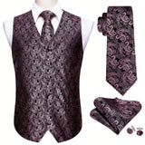 4PC Men's Silk Vest Party Wedding Purple Paisley Solid Floral Waistcoat Vest Pocket Square Tie Slim Suit Set Barry Wang Mart Lion MJ-2501 L 