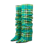 Color Blocking Plaid Pleated Sleeve Long Boots for Women with Slim High Heels and Seasonal MartLion 817- green 47 