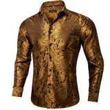 Gold Paisley Silk Shirts Men's Long Sleeve Luxury Tuxedo Wedding Party Clothing MartLion   