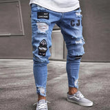 Men Jeans Knee Hole Ripped Stretch Skinny Denim Pants Solid Color Black Blue Summer MartLion   