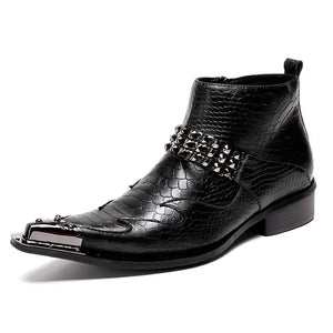 Pointed Toe Ankle Boots For Men's Heel Rhinestone Belt Lion Steel Toe For Office Genuine Leather MartLion black 37 