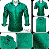 Luxury Silk Shirts Men's Green Paisley Long Sleeved Embroidered Tops Formal Casual Regular Slim Fit Blouses Anti Wrinkle MartLion   