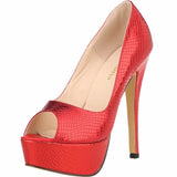 Women Pumps Heels Open Toe Platform Crocodile pattern Stiletto Party Dress Wedding Shoes MartLion Red 43 