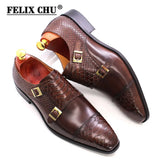 Men's Dress Shoes Genuine Leather Double Buckle Monk Strap Snake Print Cap Toe Classic MartLion   