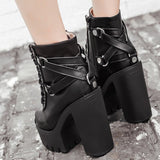 Black Boots Women Heel Spring Autumn Lace-up Soft Leather Platform Shoes Party Ankle High Heels Punk Mart Lion   