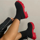 Women Boots Elastic Platform Breathable Spring Summer Heels Slip Elegant Heeled Shoes MartLion black red 35 