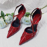 Liyke Style Vintage Rivet Women Pumps Red Leather Pointed Toe Buckle Strap Thin High Heels Summer Office Lady Shoes Mart Lion   