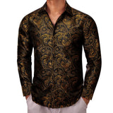 Designer Shirts Men's Silk Long Sleeve Gold Black Flower Slim Fit Blouses Casual Formal Tops Breathable Barry Wang MartLion   