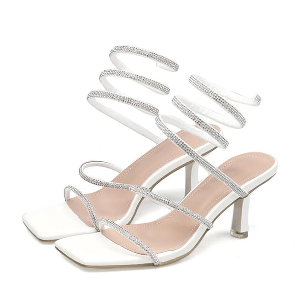  Liyke Crystal Ankle Strap White Sandals For Women Summer Square Open Toe 7CM Gladiator High Heels Ladies Party Dress Shoes MartLion - Mart Lion