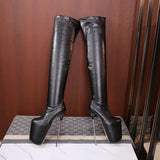 Comemore Metal Super High Heels 30cm Knee-length Elastic Boots Women's Long Winter Shoes MartLion Black leather 22cm 47 