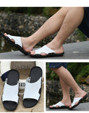 Men's Slippers Summer Genuine Leather Casual Slides Street Beach Shoes Black Cow Leather Sandals Mart Lion   