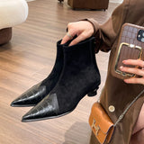 Retro Women Pointed Toe Low Heels Ankle Boots Patchwork Leather Shallow Stretch Kitten Heels Ladies Autumn Winter Short MartLion Black 38 