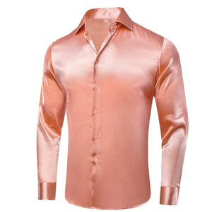 Hi-Tie Plain Satin Silk Men's Dress Shirts Long Sleeve Suit Shirt Casual Formal Blouse Pure Solid Rose Gold Peach Pink Mint White MartLion   