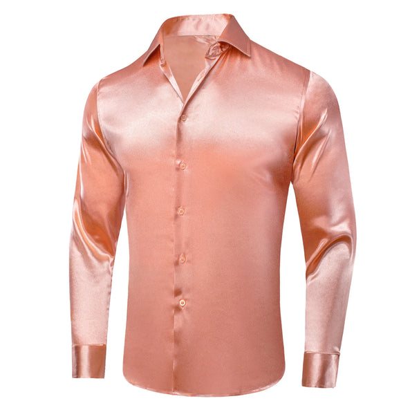  Hi-Tie Plain Satin Silk Men's Dress Shirts Long Sleeve Suit Shirt Casual Formal Blouse Pure Solid Rose Gold Peach Pink Mint White MartLion - Mart Lion